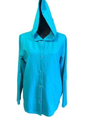 D&Co Beach Womens Turquoise Hooded Button-Up Jacket W/ Pockets & Extra Buttons M